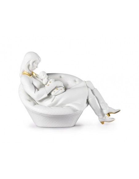Lladró Sleeping with Mum statue. Gold and white luster