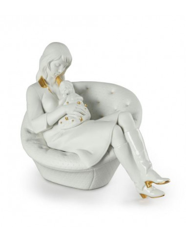 Lladró Sleeping with Mum statue. Gold and white...
