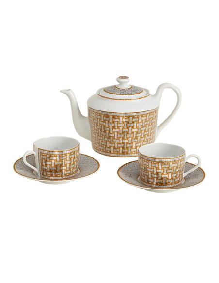 Hermès Mosaique au 24 gold teapot and 2 tea cups with saucer